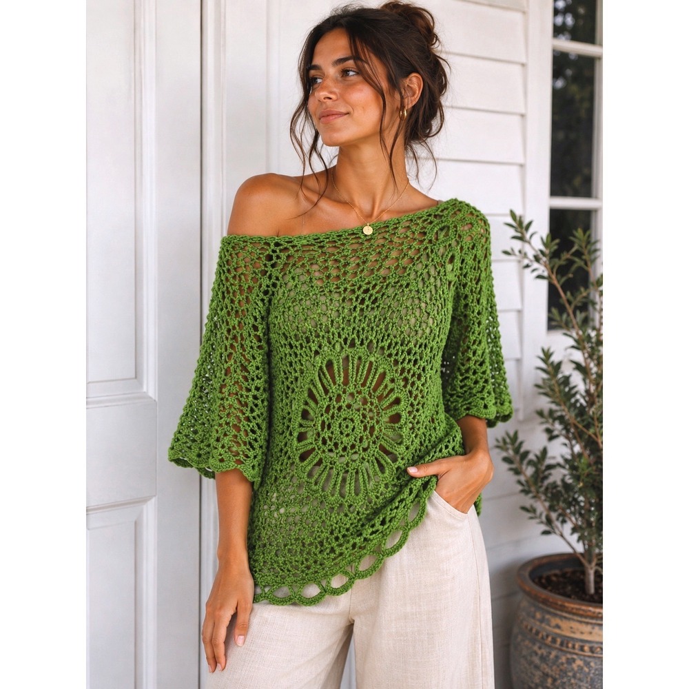 One World Crochet Knit Top Asymmetrical Hem Large Green Boho Sunburst Medallion